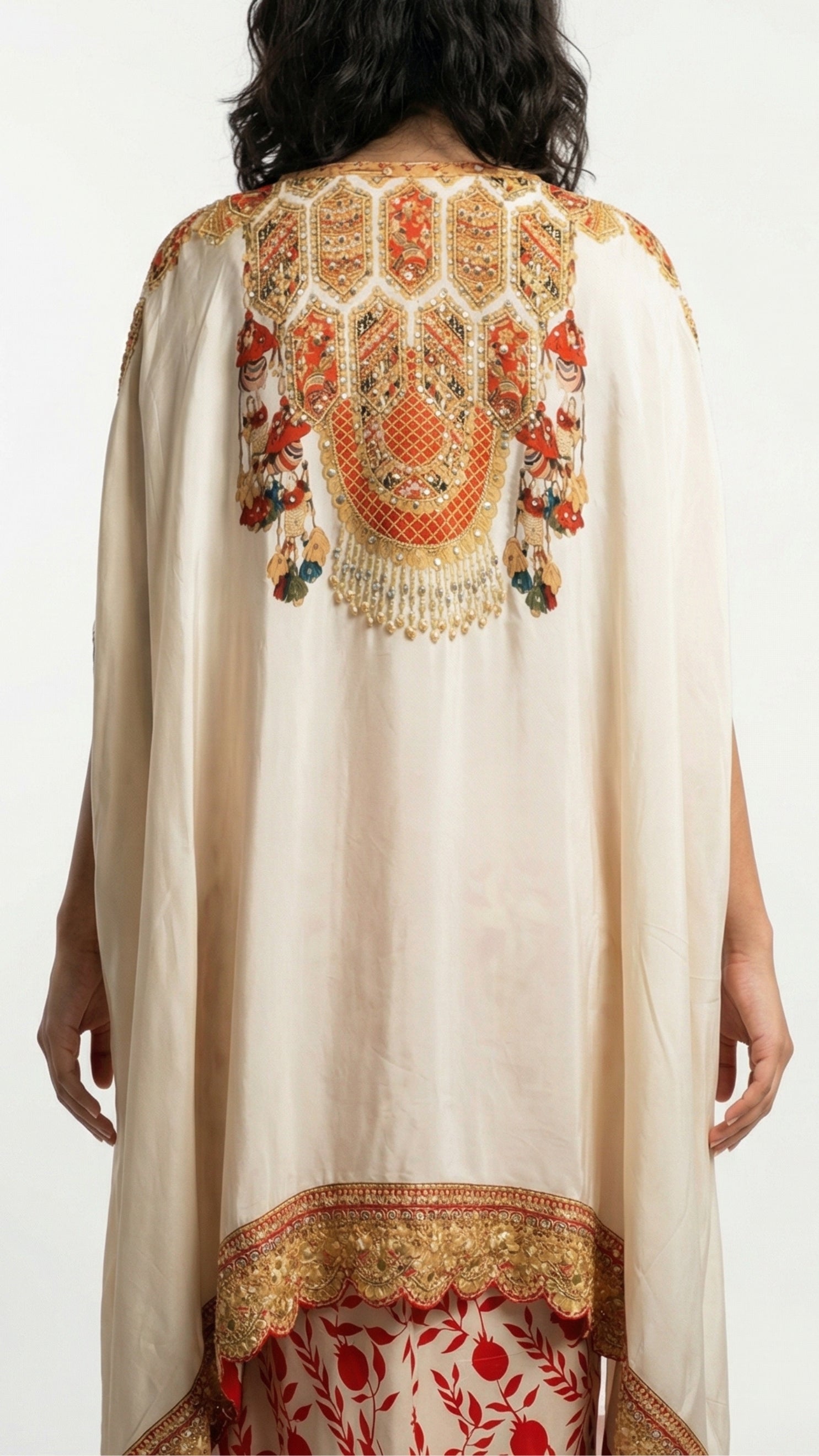 Beige & Red Digital Printed Crepe Top & Skirt with Cape Embellished with Moti, Sequins & Sippi